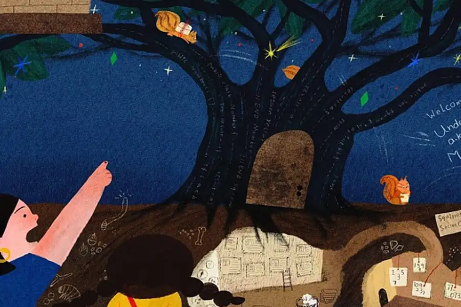A hand-drawn little girl points in alarm at a data-stealing squirrel scurrying towards his den.