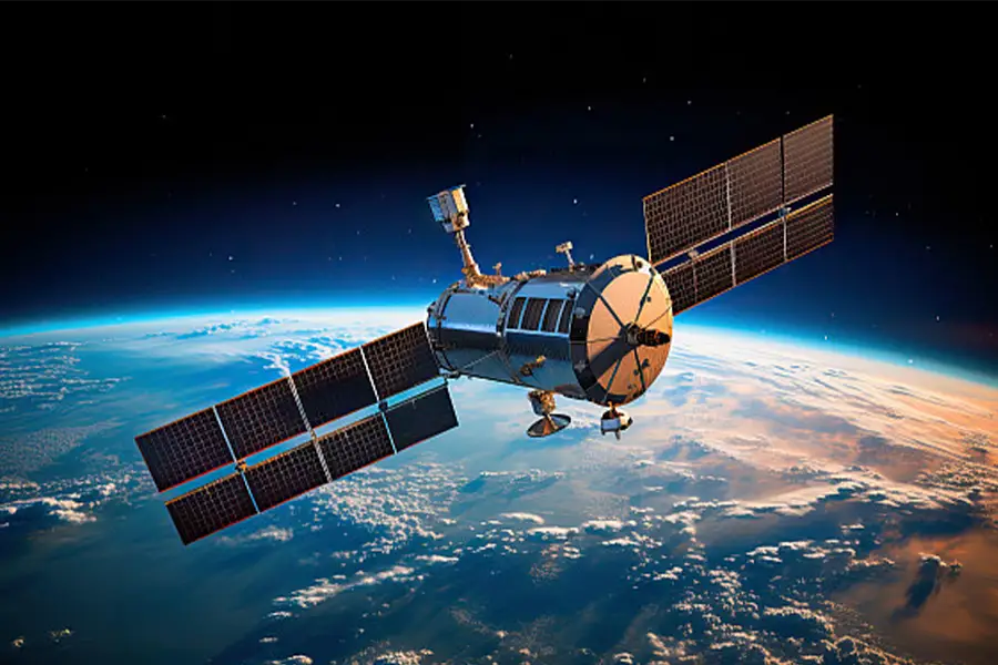 A satellite station orbiting earth at sunset.