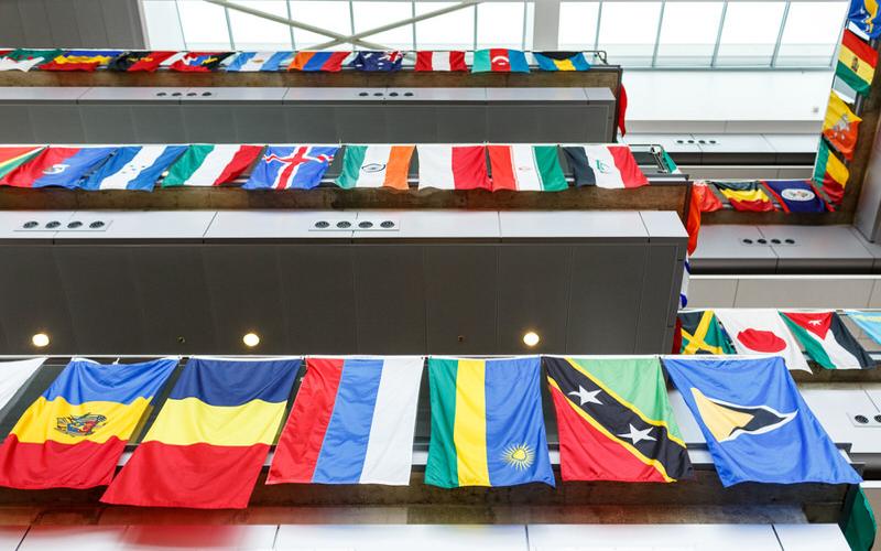 Flags of many nations hanging in atrium at IU Indianapolis.